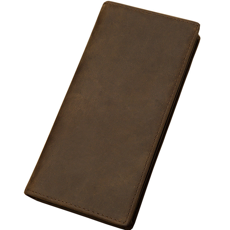 Men's long wallet, genuine cowhide leather, Crazy Horse, handmade, ultra-thin, bi-fold, card holder, simple, retro wallet for men