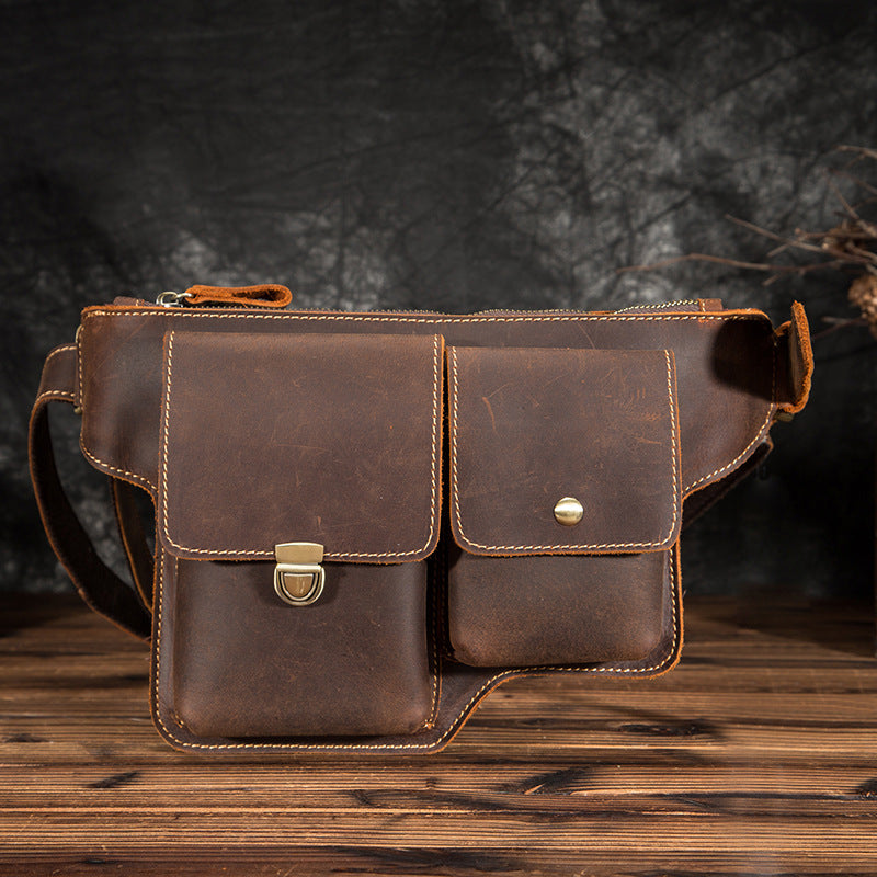 Men's Waist Pouch Cowhide Genuine Leather Outdoor Fashion Bust Bag for Men