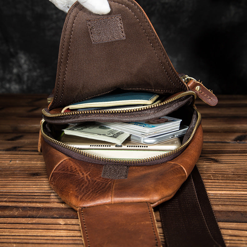 Men's bust bag Genuine cowhide leather retro outdoor multifunctional crossbody bag for men