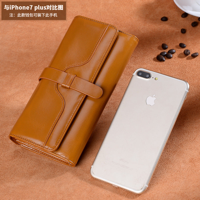 Ladies wallet large capacity trifold wallet clutch bag retro cowhide wallet fashion long wallet