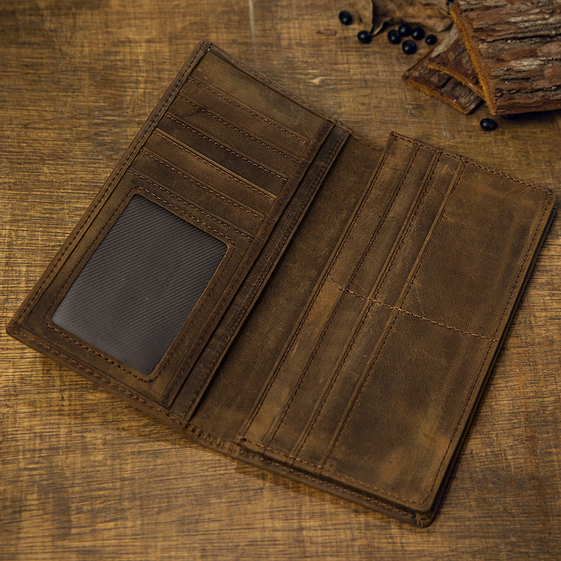 Men's long wallet, genuine cowhide leather, Crazy Horse, handmade, ultra-thin, bi-fold, card holder, simple, retro wallet for men
