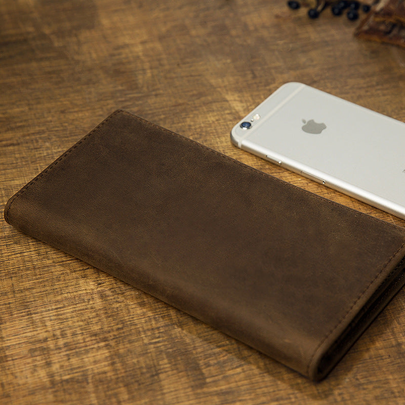 Men's long wallet, genuine cowhide leather, Crazy Horse, handmade, ultra-thin, bi-fold, card holder, simple, retro wallet for men