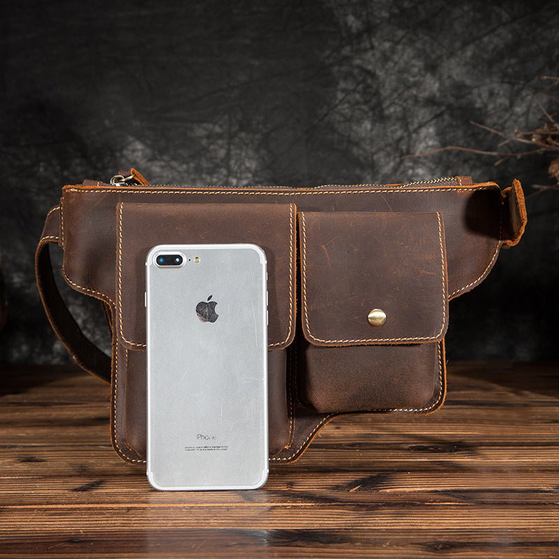 Men's Waist Pouch Cowhide Genuine Leather Outdoor Fashion Bust Bag for Men