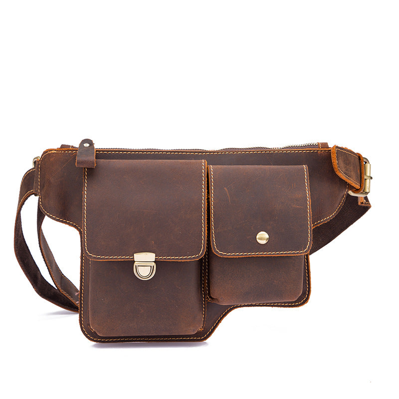 Men's Waist Pouch Cowhide Genuine Leather Outdoor Fashion Bust Bag for Men