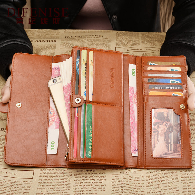 Ladies wallet large capacity trifold wallet clutch bag retro cowhide wallet fashion long wallet