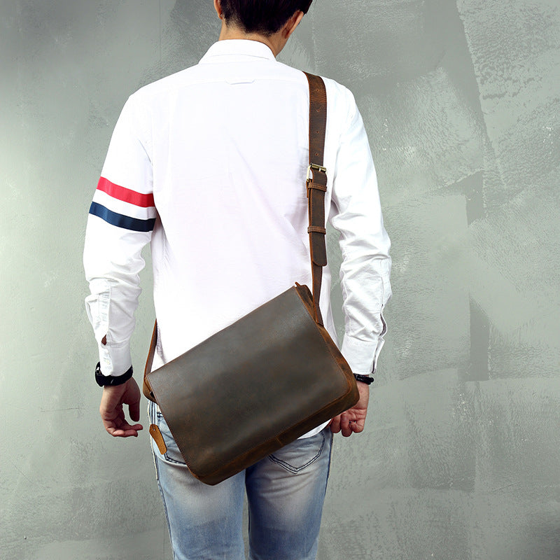 Men's Messenger Bag Handmade Genuine Cowhide Leather Crazy Horse Retro Casual Shoulder Bag Crossbody Computer Bag