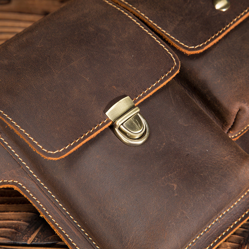 Men's Waist Pouch Cowhide Genuine Leather Outdoor Fashion Bust Bag for Men