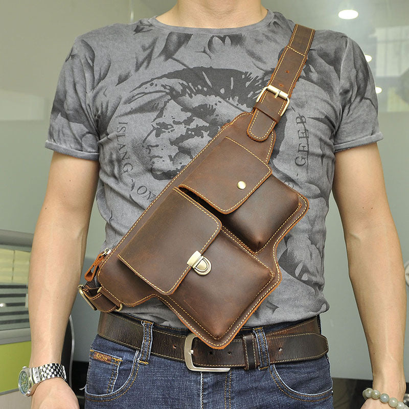 Men's Waist Pouch Cowhide Genuine Leather Outdoor Fashion Bust Bag for Men