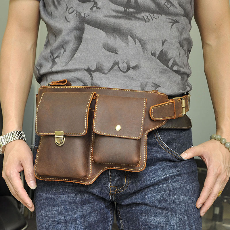 Men's Waist Pouch Cowhide Genuine Leather Outdoor Fashion Bust Bag for Men