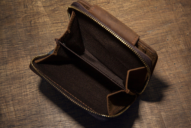 Men's Short Wallet Handcrafted Original Crazy Horse Cowskin Genuine Leather Zipper Coin Purse Korean Fashion Individuality Men's Wallet
