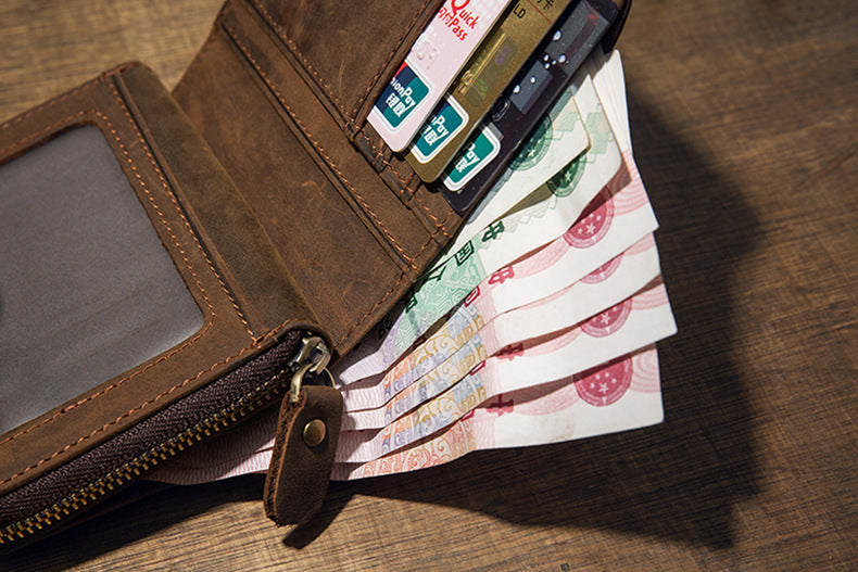 Men's Short Wallet Handcrafted Original Crazy Horse Cowskin Genuine Leather Zipper Coin Purse Korean Fashion Individuality Men's Wallet