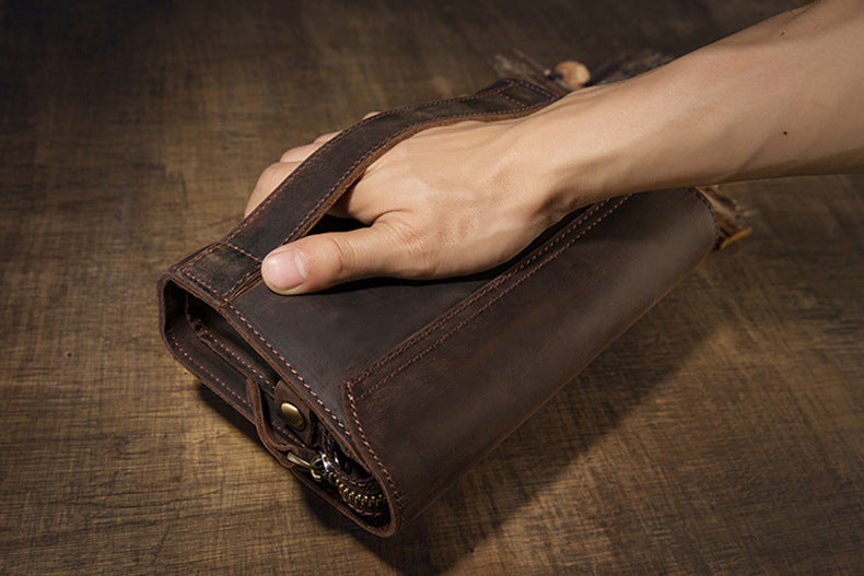 Men's Wallet Genuine Cowhide Leather Handmade Original Crazy Horse Clutch Bag Retro Mobile Phone Bag Men's Wallet
