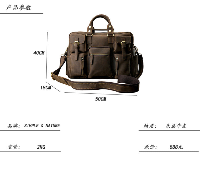 Men's Shoulder Bag Crossbody Bag Handmade Crazy Horse Cowhide Genuine Leather Travel Bag Handbag Bag Men's Handbag