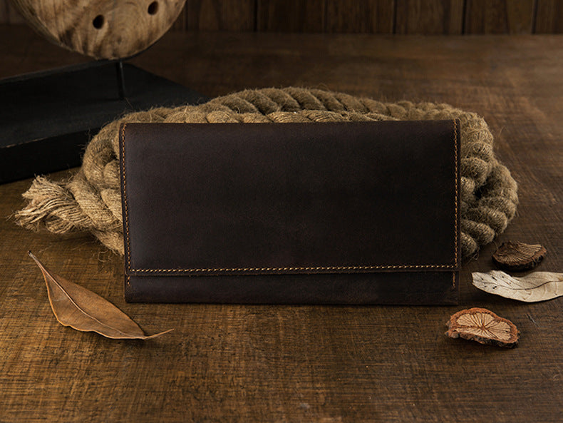 Men's long wallet bifold handmade cowhide crazy horse simple retro Korean fashion unique wallet for men
