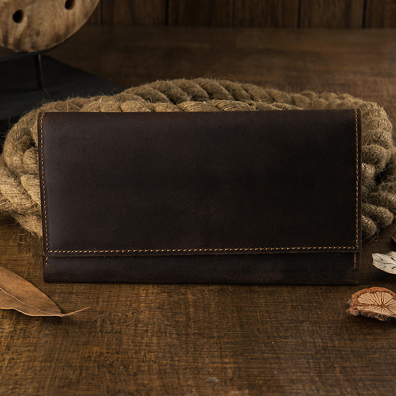 Men's long wallet bifold handmade cowhide crazy horse simple retro Korean fashion unique wallet for men