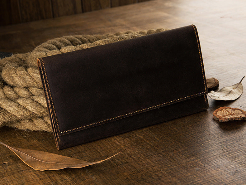 Men's long wallet bifold handmade cowhide crazy horse simple retro Korean fashion unique wallet for men