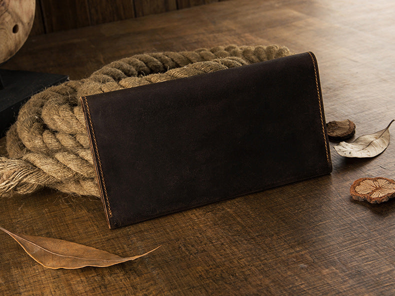 Men's long wallet bifold handmade cowhide crazy horse simple retro Korean fashion unique wallet for men
