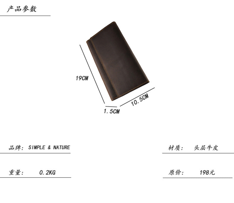 Men's long wallet bifold handmade cowhide crazy horse simple retro Korean fashion unique wallet for men