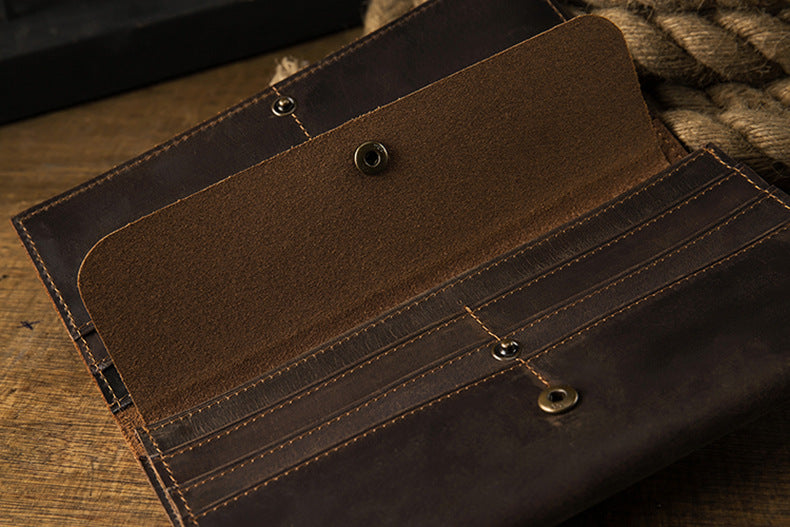 Men's long wallet bifold handmade cowhide crazy horse simple retro Korean fashion unique wallet for men