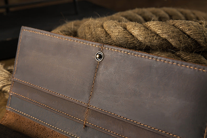 Men's long wallet bifold handmade cowhide crazy horse simple retro Korean fashion unique wallet for men