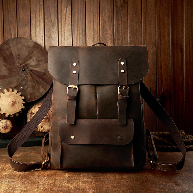 Men's Rucksack Korean Fashion Handmade Cowhide Genuine Leather Crazy Horse Outdoor Travel Bag Casual Computer Bag for Men
