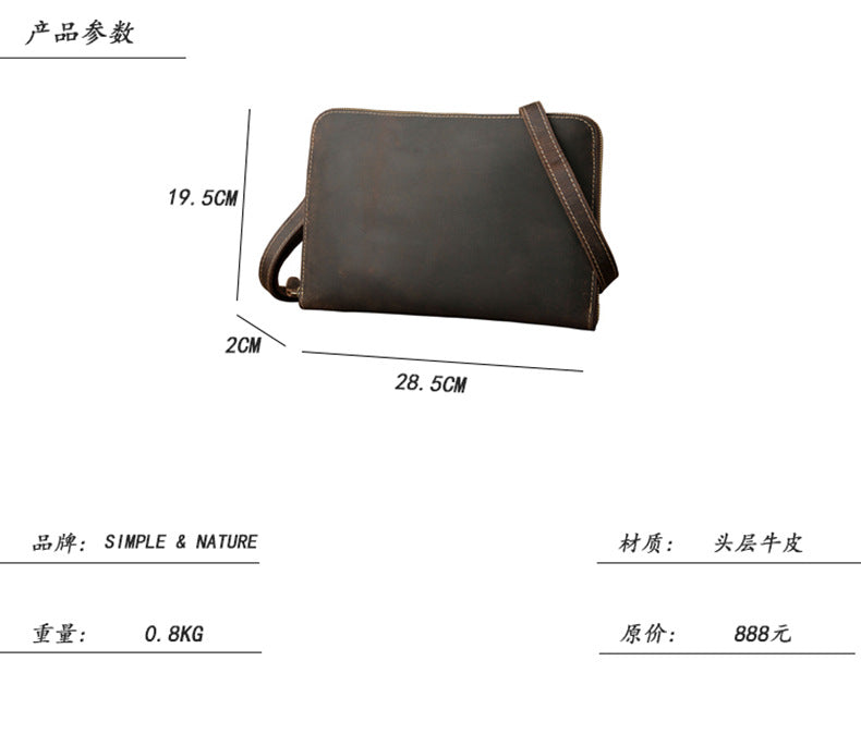 Men's Shoulder Bag Fashion Genuine Cowhide Leather Crazy Horse Retro Casual Simple Crossbody Bag