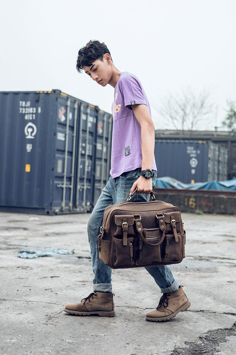 Men's Shoulder Bag Crossbody Bag Handmade Crazy Horse Cowhide Genuine Leather Travel Bag Handbag Bag Men's Handbag