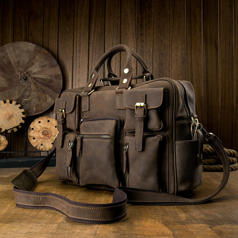 Men's Shoulder Bag Crossbody Bag Handmade Crazy Horse Cowhide Genuine Leather Travel Bag Handbag Bag Men's Handbag