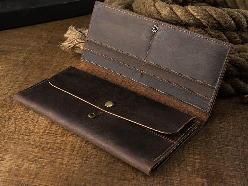 Men's long wallet bifold handmade cowhide crazy horse simple retro Korean fashion unique wallet for men