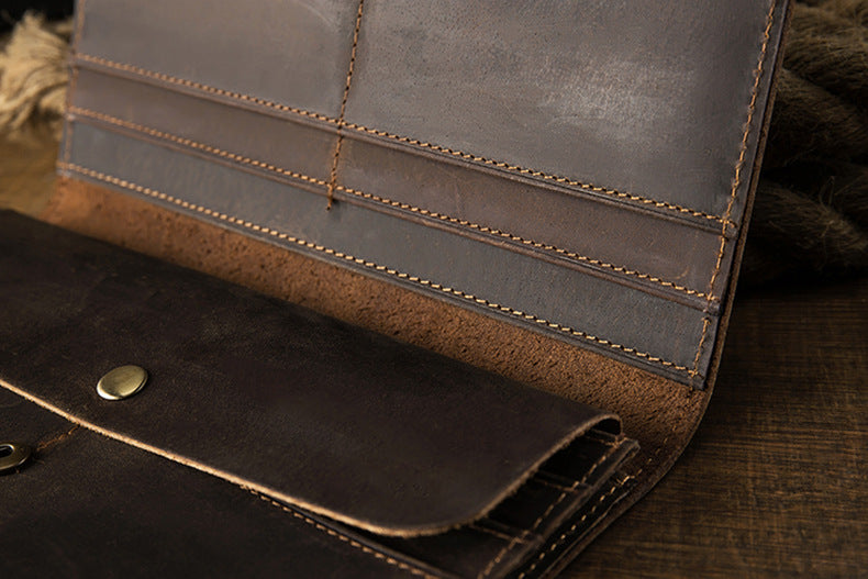 Men's long wallet bifold handmade cowhide crazy horse simple retro Korean fashion unique wallet for men
