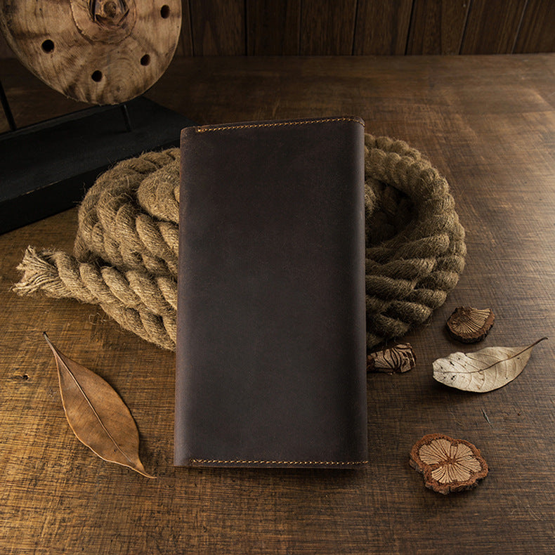 Men's long wallet bifold handmade cowhide crazy horse simple retro Korean fashion unique wallet for men