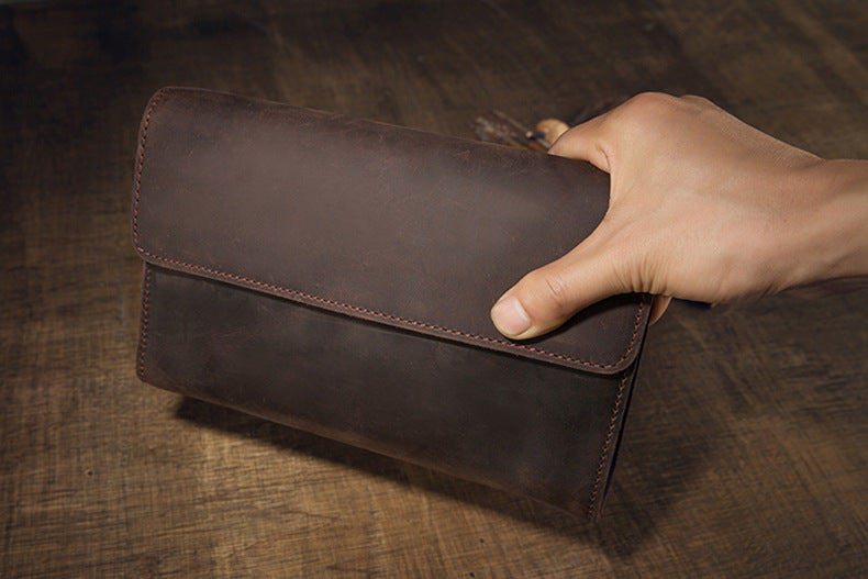 Men's Wallet Genuine Cowhide Leather Handmade Original Crazy Horse Clutch Bag Retro Mobile Phone Bag Men's Wallet