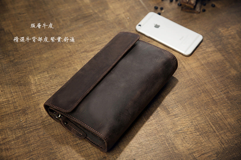 Men's Wallet Genuine Cowhide Leather Handmade Original Crazy Horse Clutch Bag Retro Mobile Phone Bag Men's Wallet