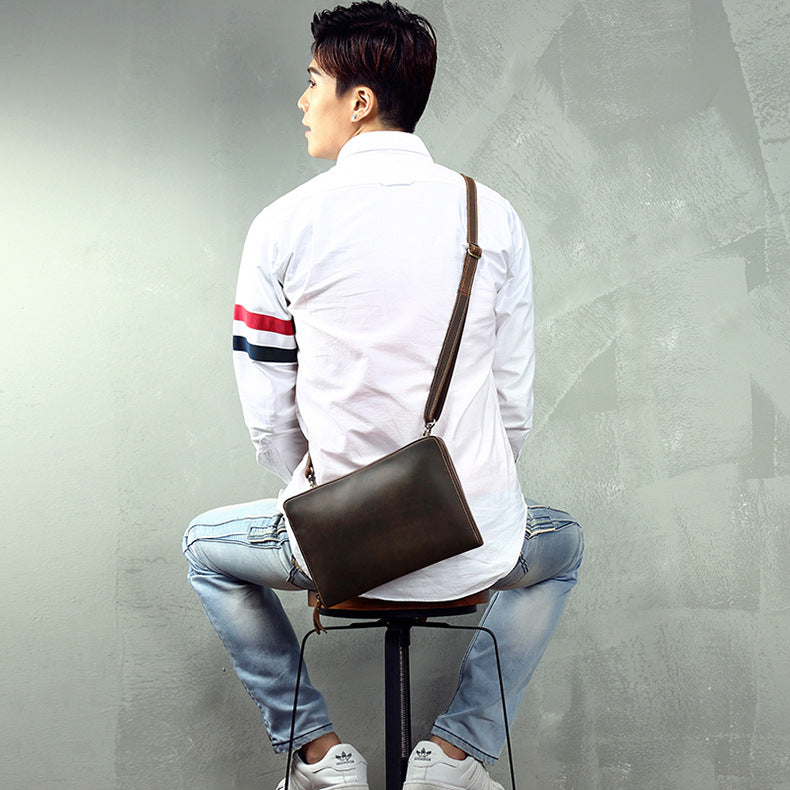 Men's Shoulder Bag Fashion Genuine Cowhide Leather Crazy Horse Retro Casual Simple Crossbody Bag