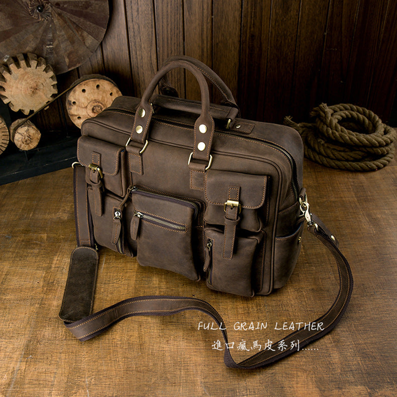 Men's Shoulder Bag Crossbody Bag Handmade Crazy Horse Cowhide Genuine Leather Travel Bag Handbag Bag Men's Handbag