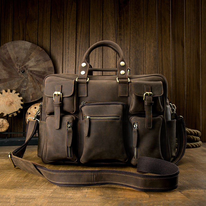 Men's Shoulder Bag Crossbody Bag Handmade Crazy Horse Cowhide Genuine Leather Travel Bag Handbag Bag Men's Handbag
