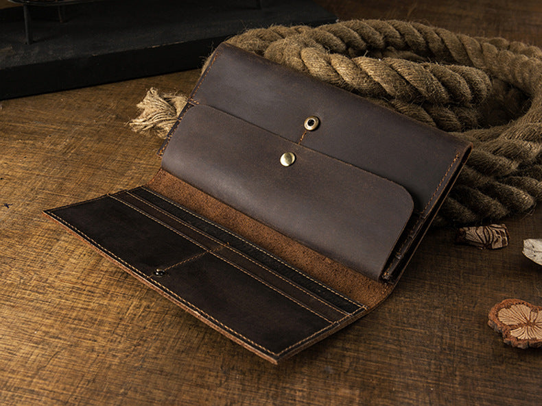 Men's long wallet bifold handmade cowhide crazy horse simple retro Korean fashion unique wallet for men