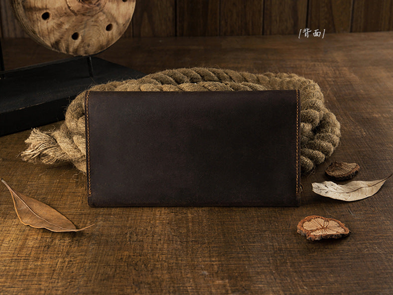 Men's long wallet bifold handmade cowhide crazy horse simple retro Korean fashion unique wallet for men