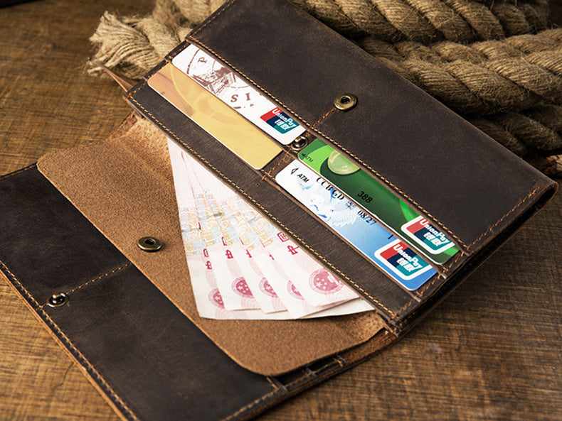 Men's long wallet bifold handmade cowhide crazy horse simple retro Korean fashion unique wallet for men