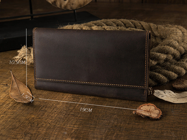 Men's long wallet bifold handmade cowhide crazy horse simple retro Korean fashion unique wallet for men