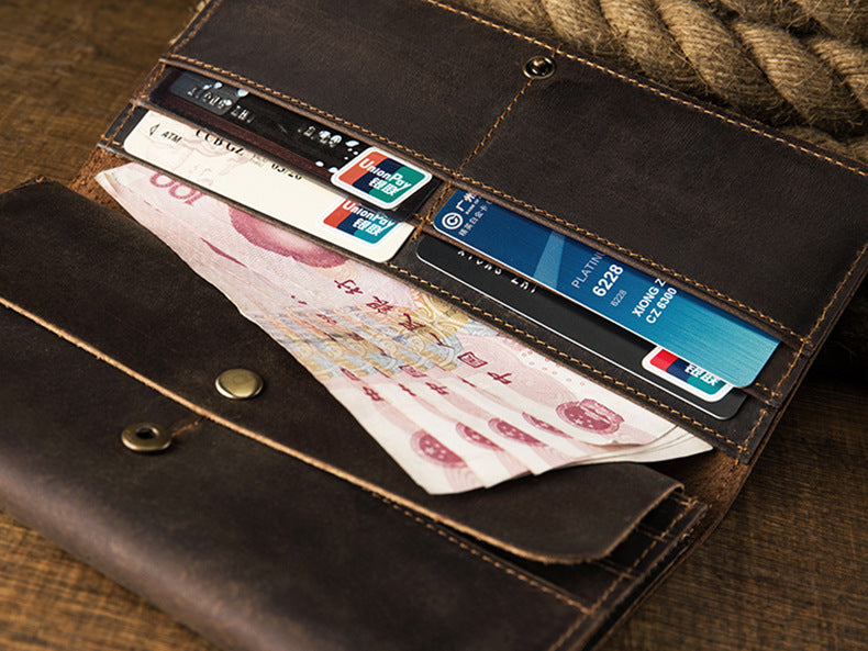 Men's long wallet bifold handmade cowhide crazy horse simple retro Korean fashion unique wallet for men