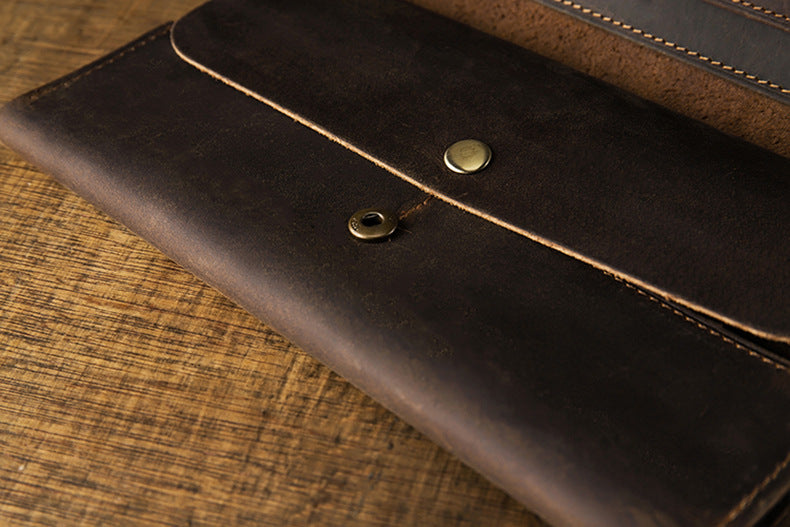 Men's long wallet bifold handmade cowhide crazy horse simple retro Korean fashion unique wallet for men