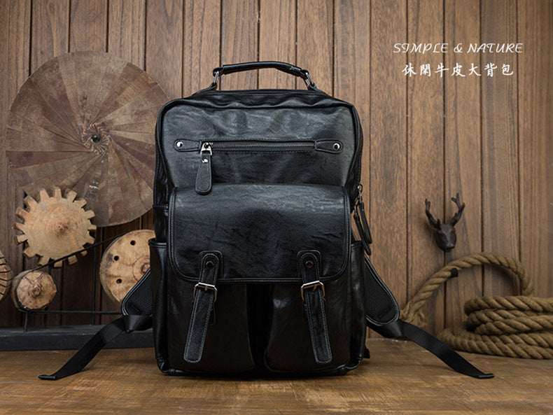 Men's Rucksack Original Handmade Genuine Cowhide Leather Simple Casual Computer Bag Large Capacity Travel Bag for Men