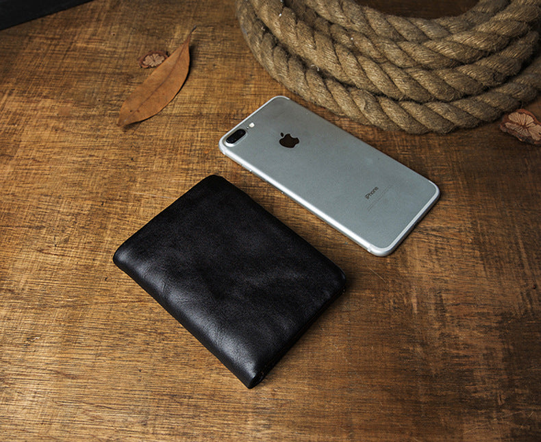Men's short wallet, cowhide, genuine leather, handmade, original, casual, zipper, unique, Korean fashion, simple wallet for men