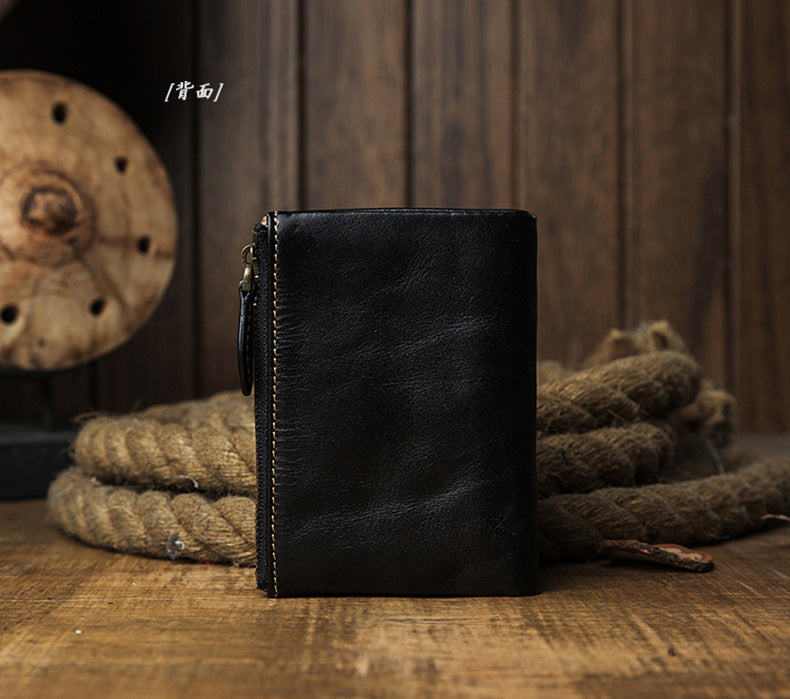 Men's short wallet, cowhide, genuine leather, handmade, original, casual, zipper, unique, Korean fashion, simple wallet for men
