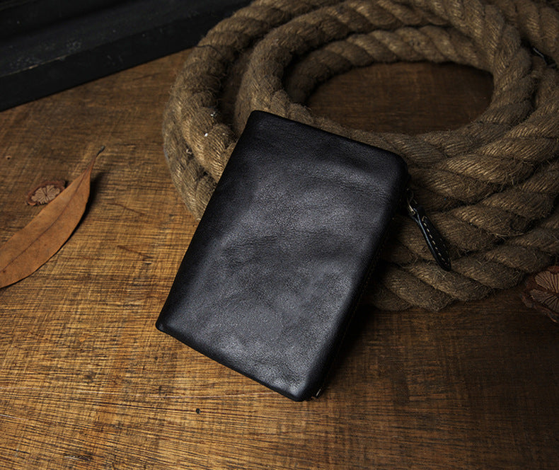 Men's short wallet, cowhide, genuine leather, handmade, original, casual, zipper, unique, Korean fashion, simple wallet for men