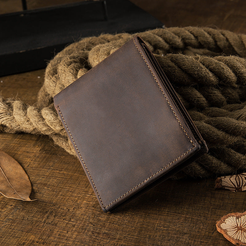 Men's Short Wallet Genuine Cow Leather Crazy Horse Original Handmade Retro Korean Fashion Men's Wallet