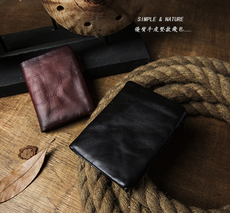 Men's short wallet, cowhide, genuine leather, handmade, original, casual, zipper, unique, Korean fashion, simple wallet for men