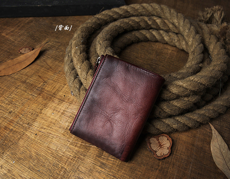 Men's short wallet, cowhide, genuine leather, handmade, original, casual, zipper, unique, Korean fashion, simple wallet for men