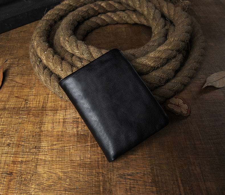 Men's short wallet, cowhide, genuine leather, handmade, original, casual, zipper, unique, Korean fashion, simple wallet for men